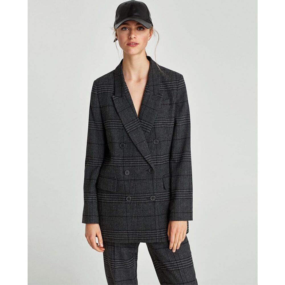 ZARA Gray Wool Blend Checked Double Breasted Blazer Jacket Size M